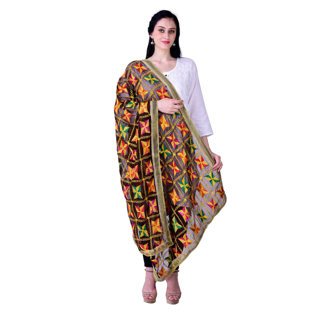 SWI Stylish Embroidered Phulkari Chiffon Coffee Color Dupatta | Grocsy