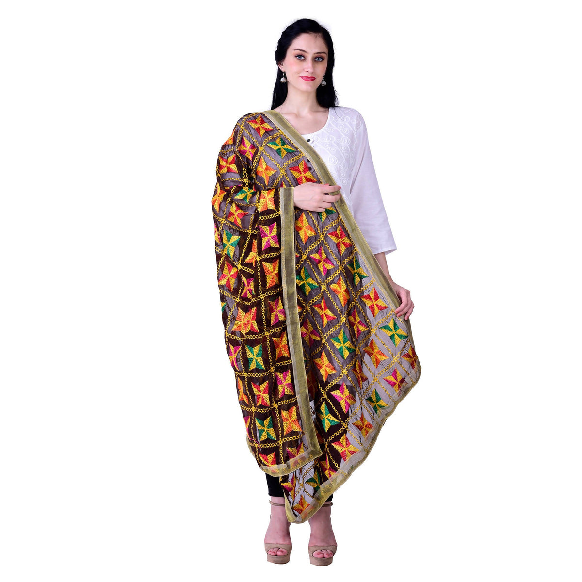 SWI Stylish Embroidered Phulkari Chiffon Coffee Color Dupatta | Grocsy
