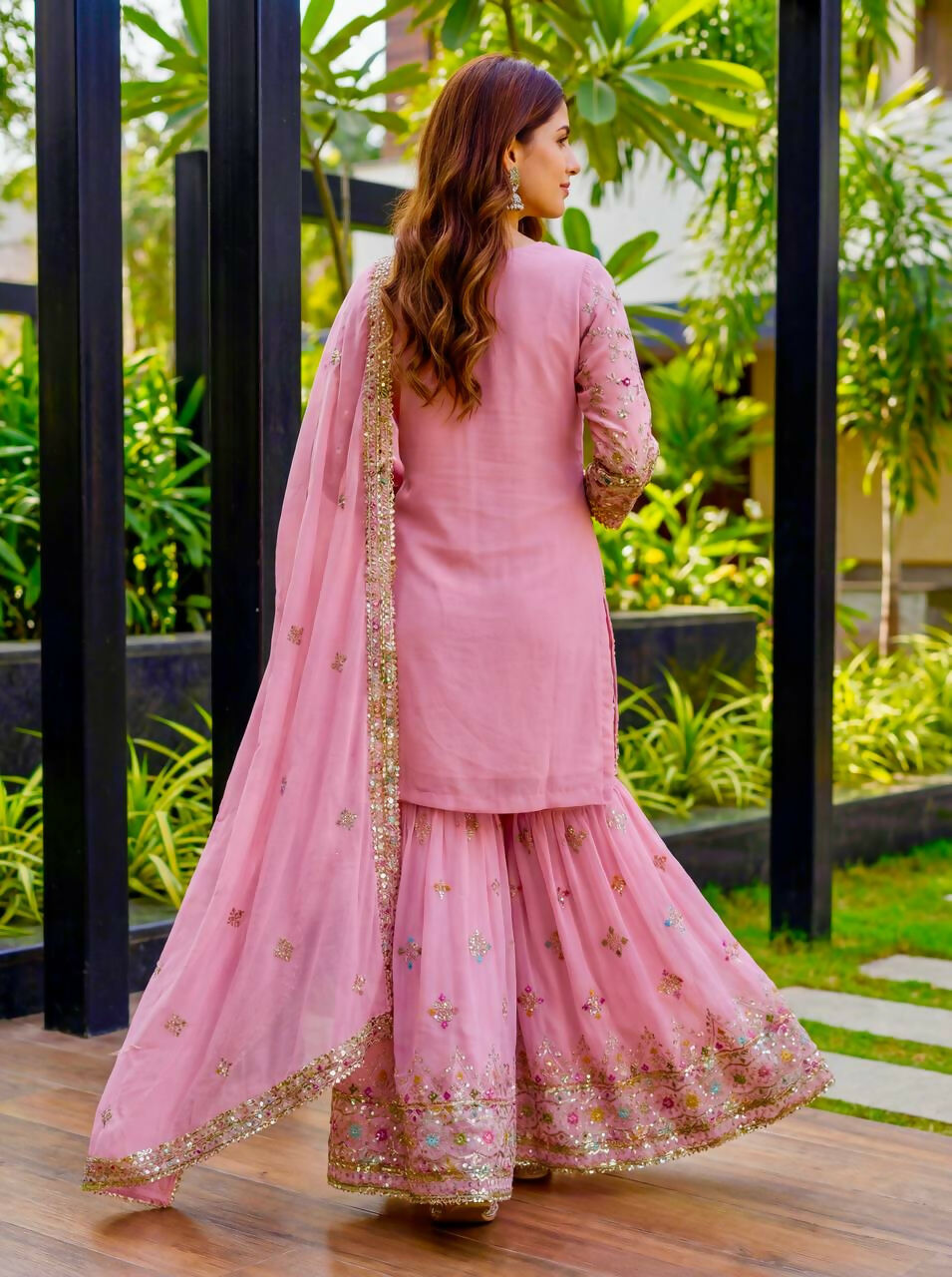 Teeya Creation Pink Faux Georgette Multi Thread Work Wedding Wear Sharara Set | Grocsy