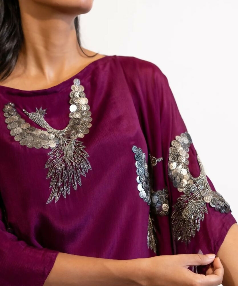 Timaraa Plum Hand Embellished Bird Kaftan Dress | Grocsy