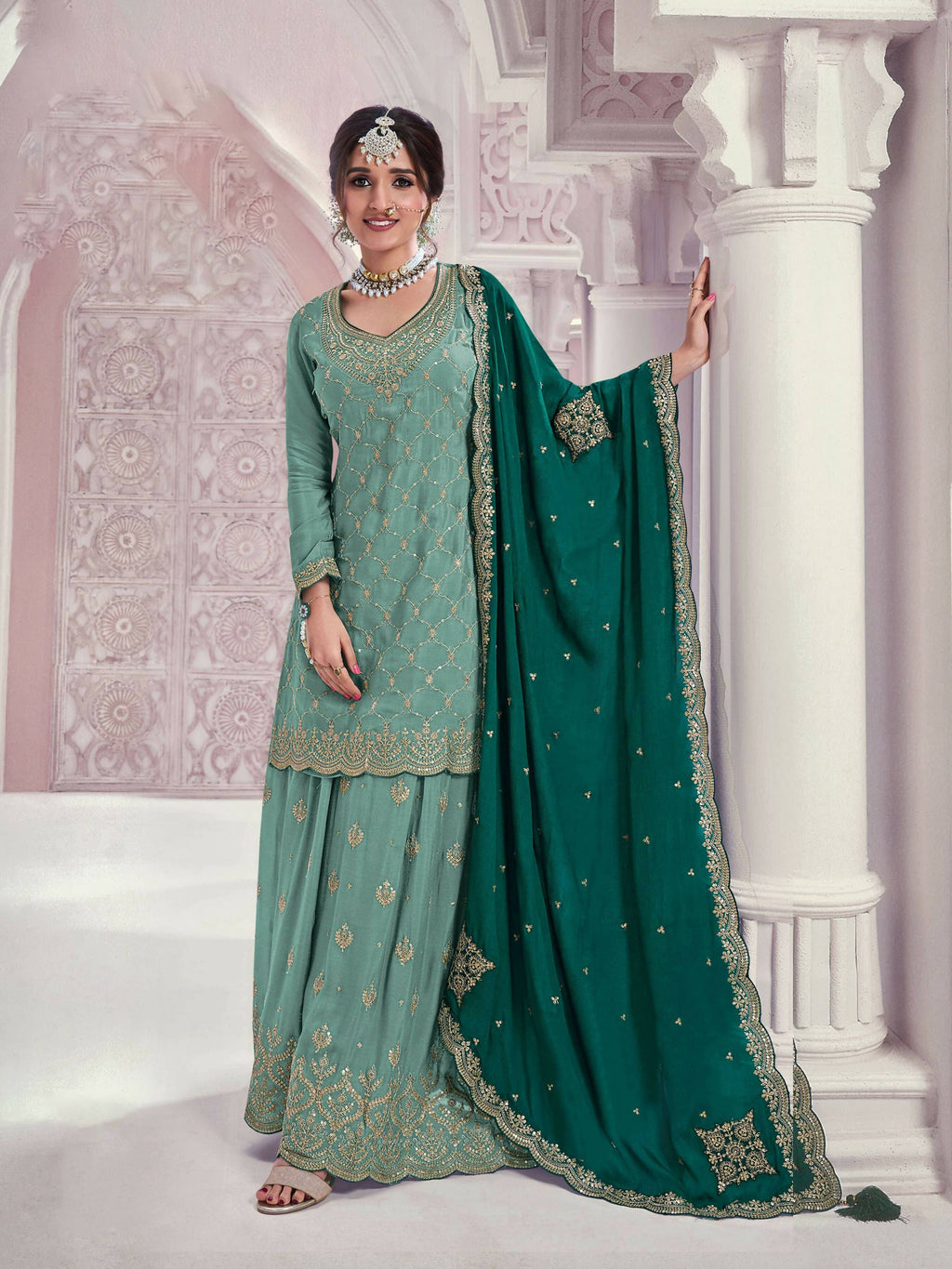 Vastranavya Exquisite Turquoise Heavy Chinon with Embroidered & Sequins Work Salwar Suits | Grocsy