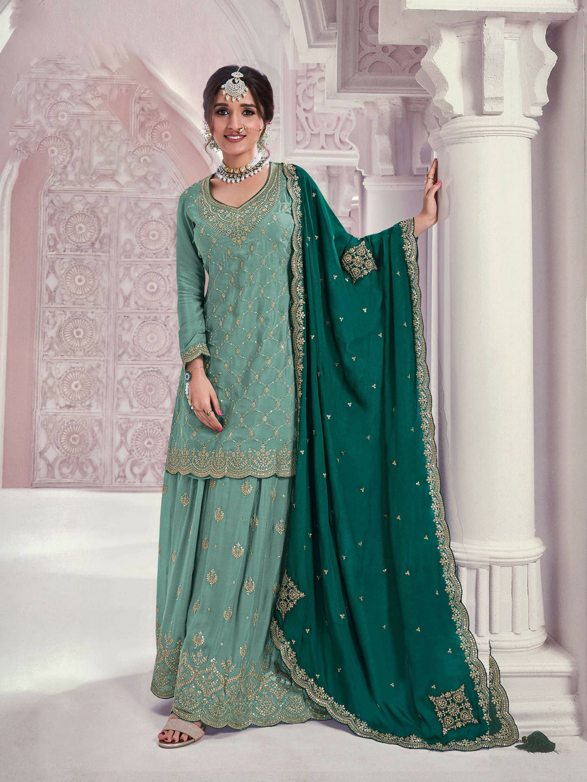 Vastranavya Exquisite Turquoise Heavy Chinon with Embroidered & Sequins Work Salwar Suits | Grocsy