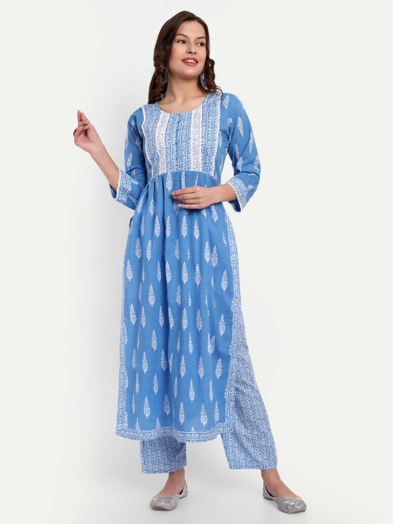 Alvano Printed Naira Cut Kurti with Pant set for Women and Girls Cotton (Blue) | Grocsy
