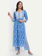 Alvano Printed Naira Cut Kurti with Pant set for Women and Girls Cotton (Blue) | Grocsy