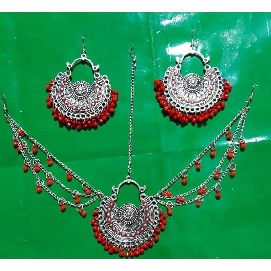MS Fashion India Latest Design Maroon Maang Tikka with Earrings | Grocsy