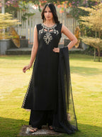 Nikhaar Black Embroidered Art Silk Stitched A Line Kurta Palazzo Dupatta Readymade Suit | Grocsy