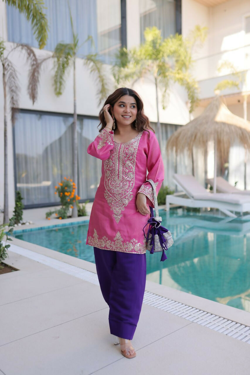 Teeya Creation Womens Wear Purple,Pink Color Viscose Fabric With Sequins & Coding Zari Embroidered Work Kurta Pant Set | Grocsy