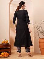 Janasya Black A-Line Cotton Kurta & Bottom | Grocsy