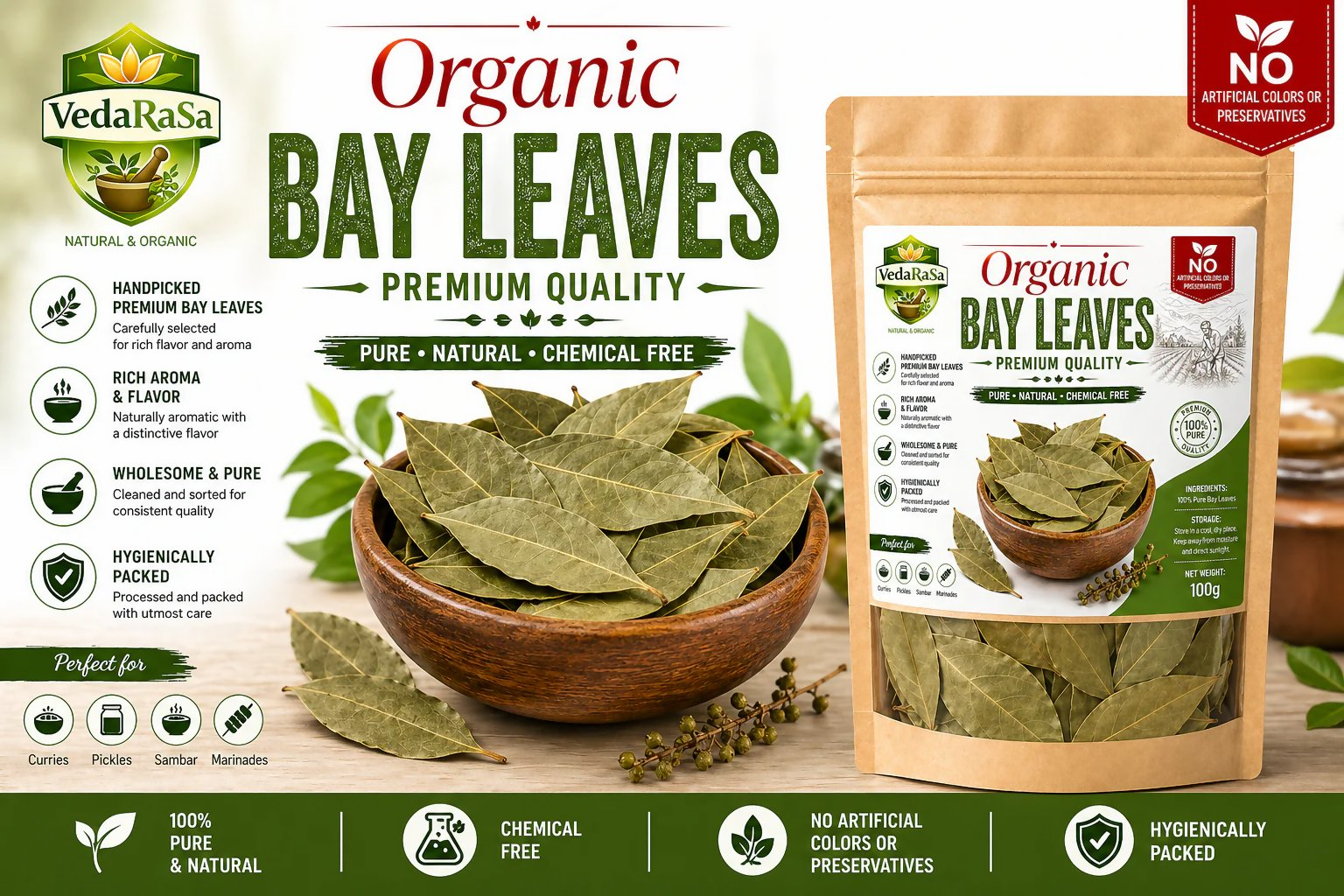 VedaRasa Organic Bay Leaves Premium Quality | Grocsy