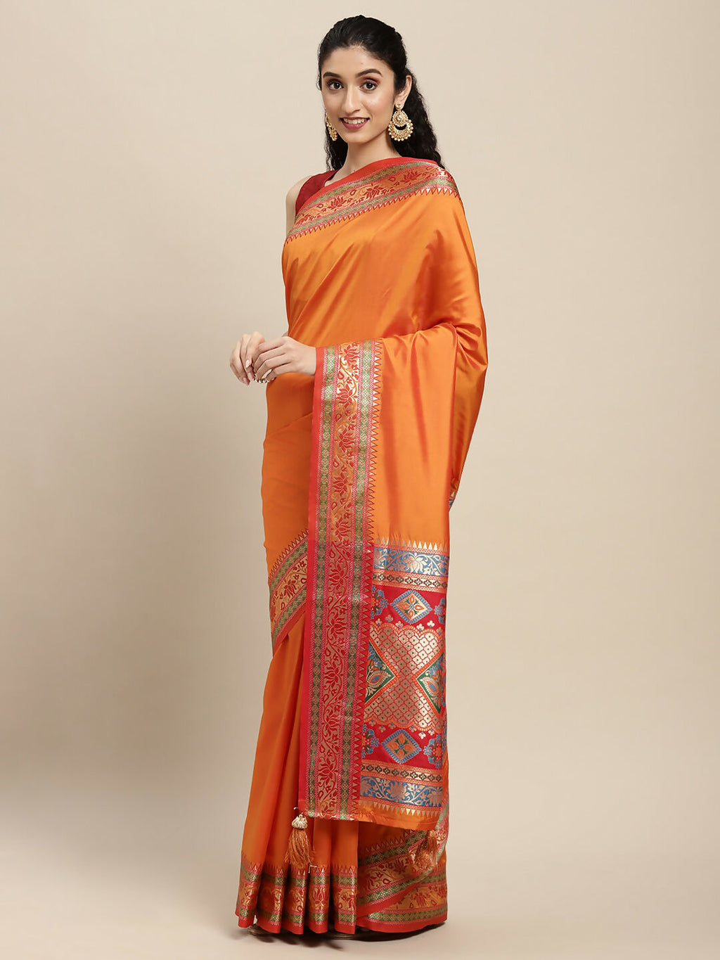 Shree Shyam Fashion Silk Blend Ornage Saree | Grocsy