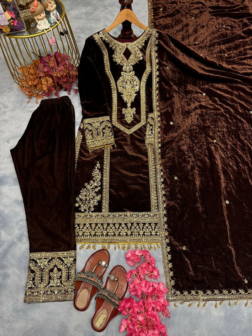Teeya Creation Coffee Color Velvet Fabric Designer Embroidery Work Suit | Grocsy
