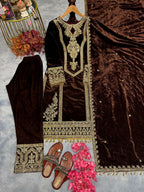Teeya Creation Coffee Color Velvet Fabric Designer Embroidery Work Suit | Grocsy