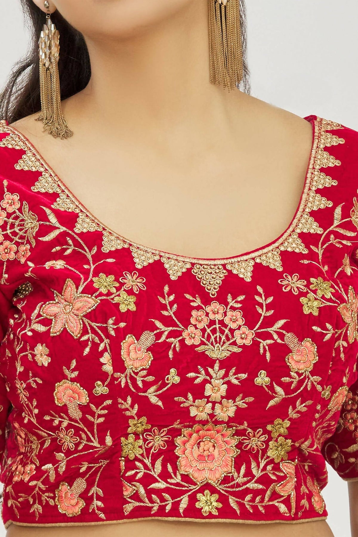 Red Velvet Semi-Stitched Wedding Bridal Lehenga - Nimaya | Grocsy