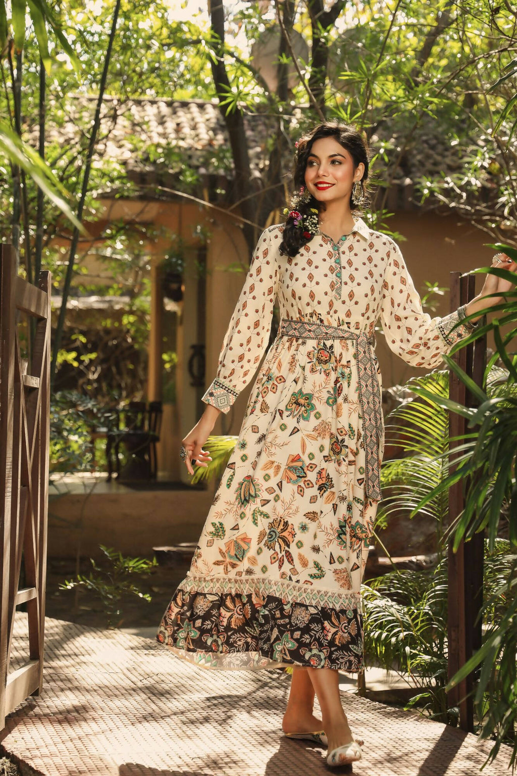 Juniper Women Ivory Rayon Printed Tiered Dress | Grocsy