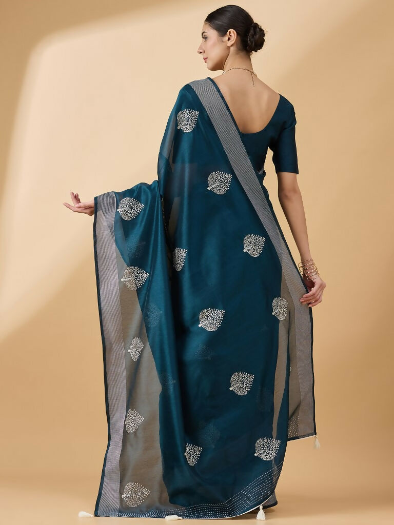 Teal Cotton Blend Thread Embroidered Saree with Unstitched Blouse - Satya | Grocsy