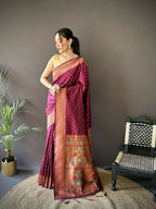 Joban Fashion Maroon Jacquard Butti Soft Lichi Silk Paithani Saree | Grocsy
