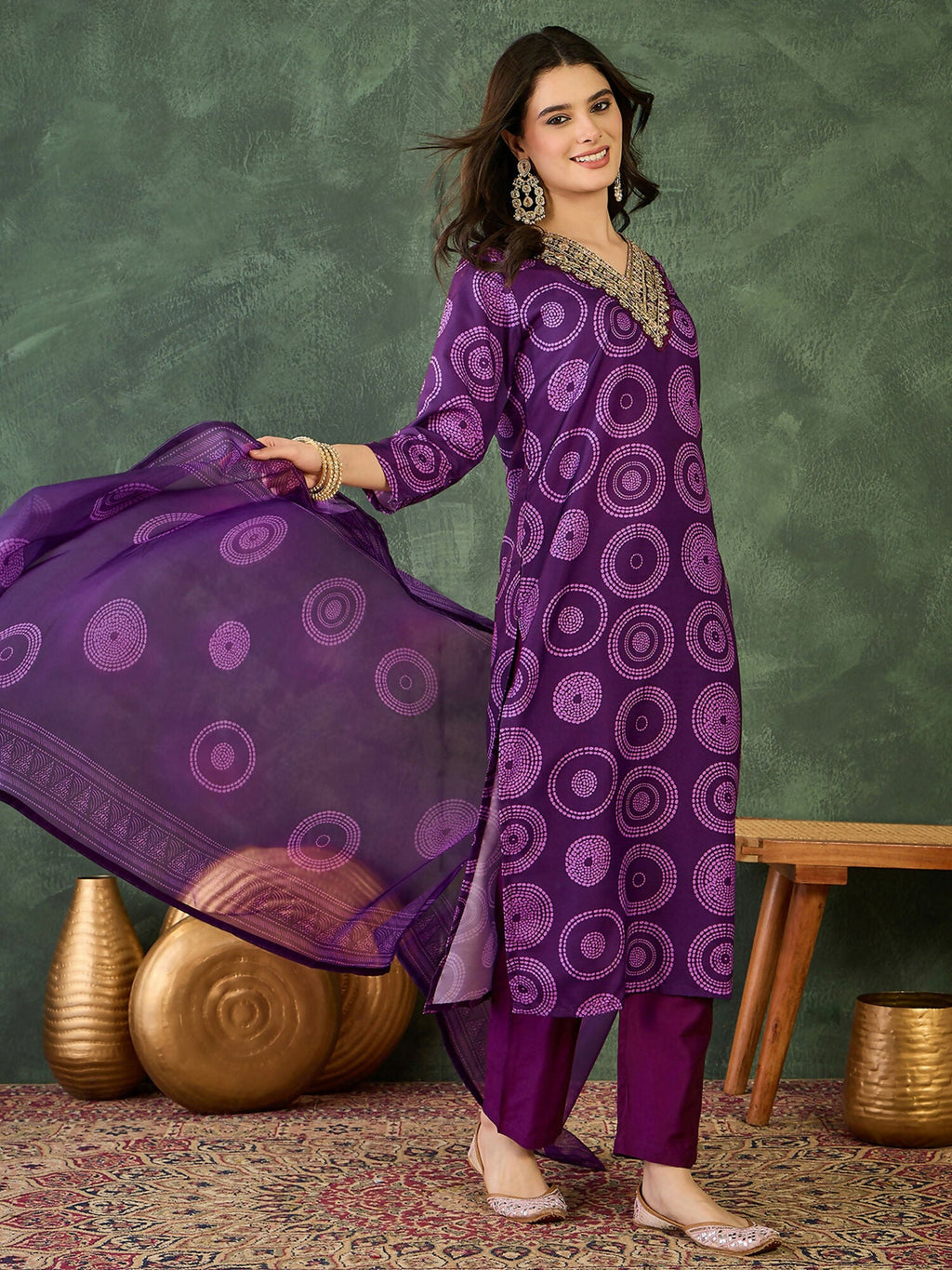 The52 Women's Gorgeous Rayon Embroidery Straight Kurta with Pant And Dupatta Set-Purple | Grocsy