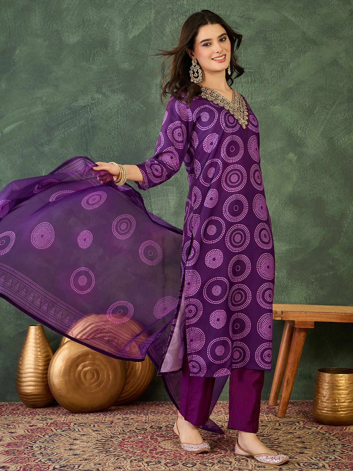 The52 Women's Gorgeous Rayon Embroidery Straight Kurta with Pant And Dupatta Set-Purple | Grocsy