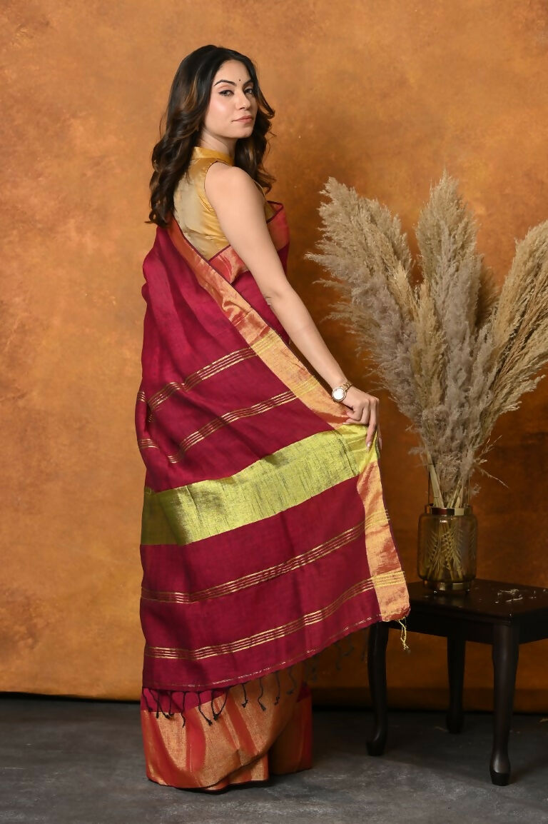 Very Much Indian Handloom Pure Cotton Linen Saree With Golden Border - Maroon | Grocsy