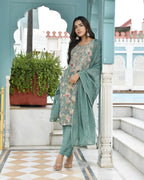 Vaasva Women's Teal Tissue Embroidered Suit Set With Solid Pant And Embroidered Dupatta | Grocsy
