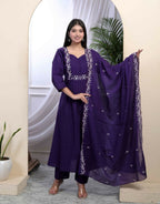 Miravan Women's Cotton Purple A-Line Kurta With Embroidered Neck And Palazzo With Embroidered Dupatta Set | Grocsy