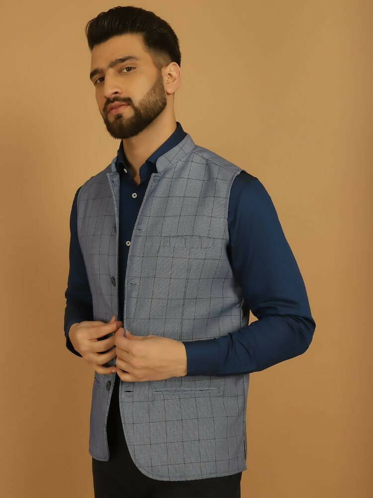 Even Apparels Nehru Jacket With Welt Pockets - Blue | Grocsy