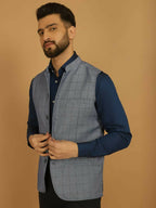 Even Apparels Nehru Jacket With Welt Pockets - Blue | Grocsy