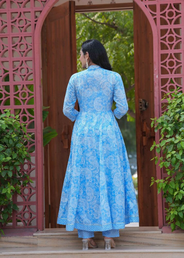 Jaimini Women Cotton Printed Mandarin Collar Neck Calf Length Flared Kurta Pant And Dupatta Set | Grocsy