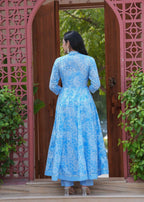 Jaimini Women Cotton Printed Mandarin Collar Neck Calf Length Flared Kurta Pant And Dupatta Set | Grocsy