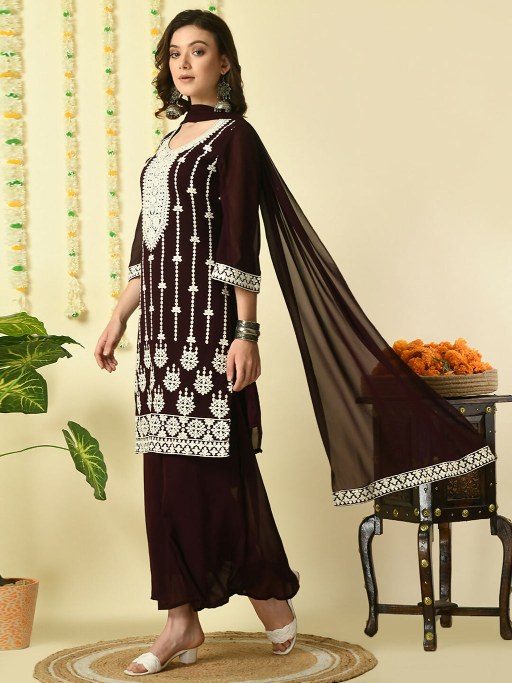 Myshka Women's Coffee Brown Georgette Kurta & Palazzos With Dupatta Party Sets | Grocsy