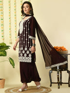 Myshka Women's Coffee Brown Georgette Kurta & Palazzos With Dupatta Party Sets | Grocsy