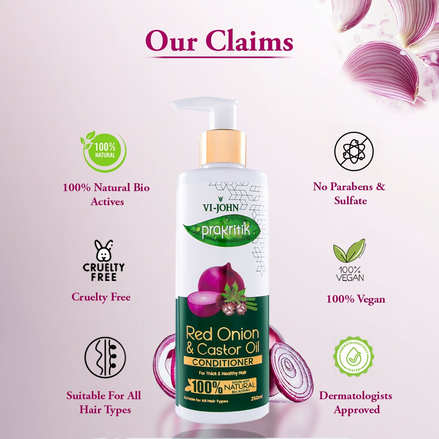 VI-JOHN Prakritik Red Onion & Castor Oil Conditioner to Prevent Dry Hair, 100% Natural Bio Actives | Grocsy