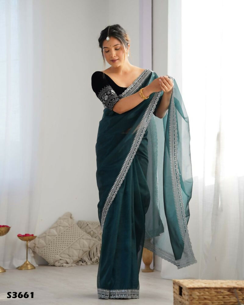 Attrctive Looking Gold Jari, Sequance Embroidery Work Twill Net Party Wear Saree - Rama | Grocsy