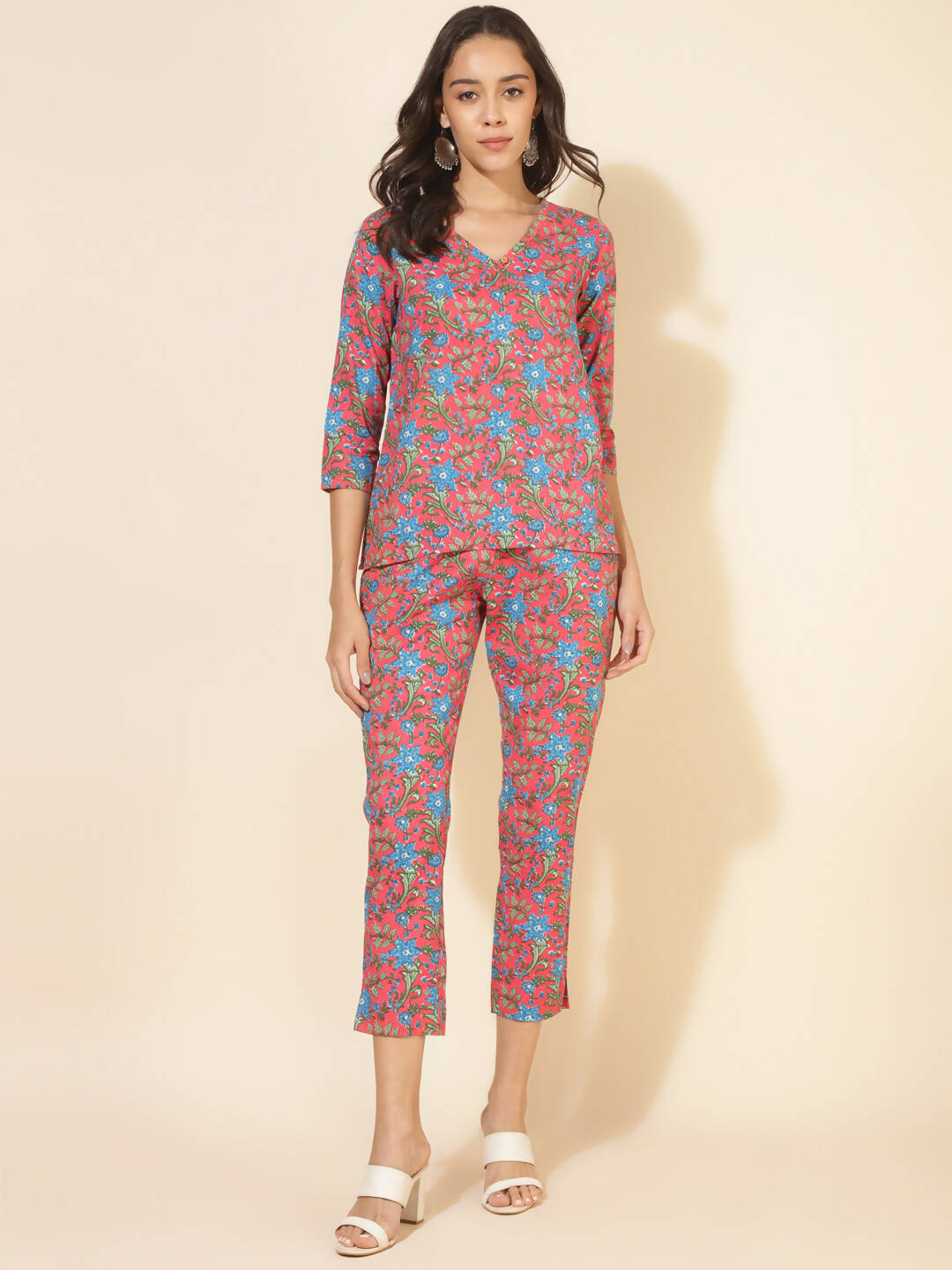 Janasya Women's Pink Cotton Floral Printed Casual Regular Co-ords | Grocsy