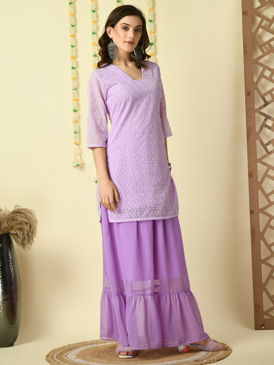 Myshka Women's Purple Georgette Kurti & Skirt With Dupatta Party Sets | Grocsy