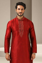 Raivat Ethnic Banarasi Art Silk Thread Work Kurta Pajama In Maroon Colour | Grocsy