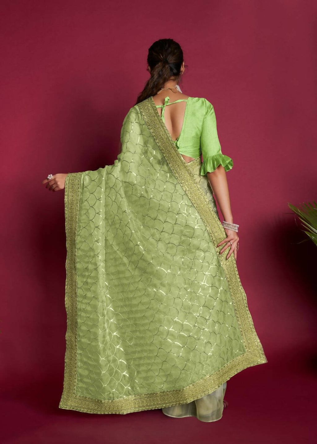 Vamsee Green Organza Saree | Grocsy