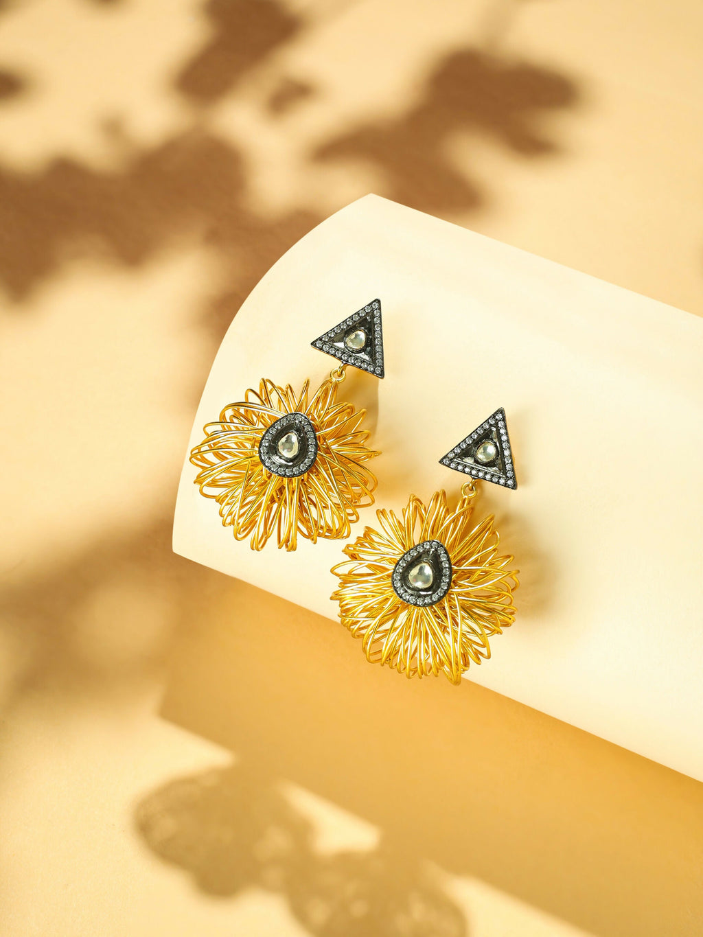 Nuyug 18K Gold-Plated Stones & American Diamond Studded Contemporary Wire Drop Earrings | Grocsy