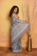 Very Much Indian Handblock Printed Cotton Saree With Natural Dyes - Grey | Grocsy