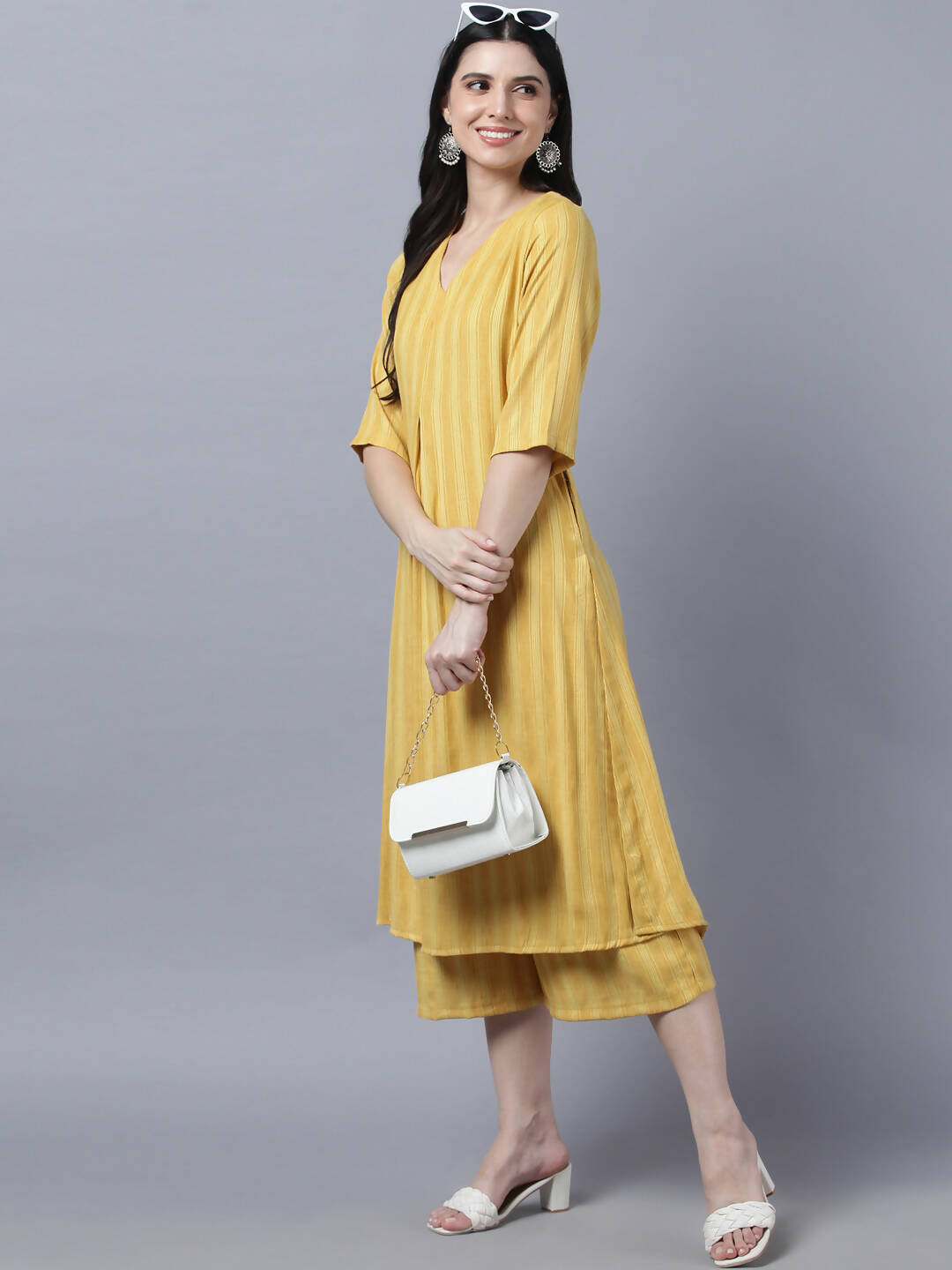 Myshka Stylish Yellow Cotton 3/4 Sleeve Women's Kurta Palazzo Set | Grocsy