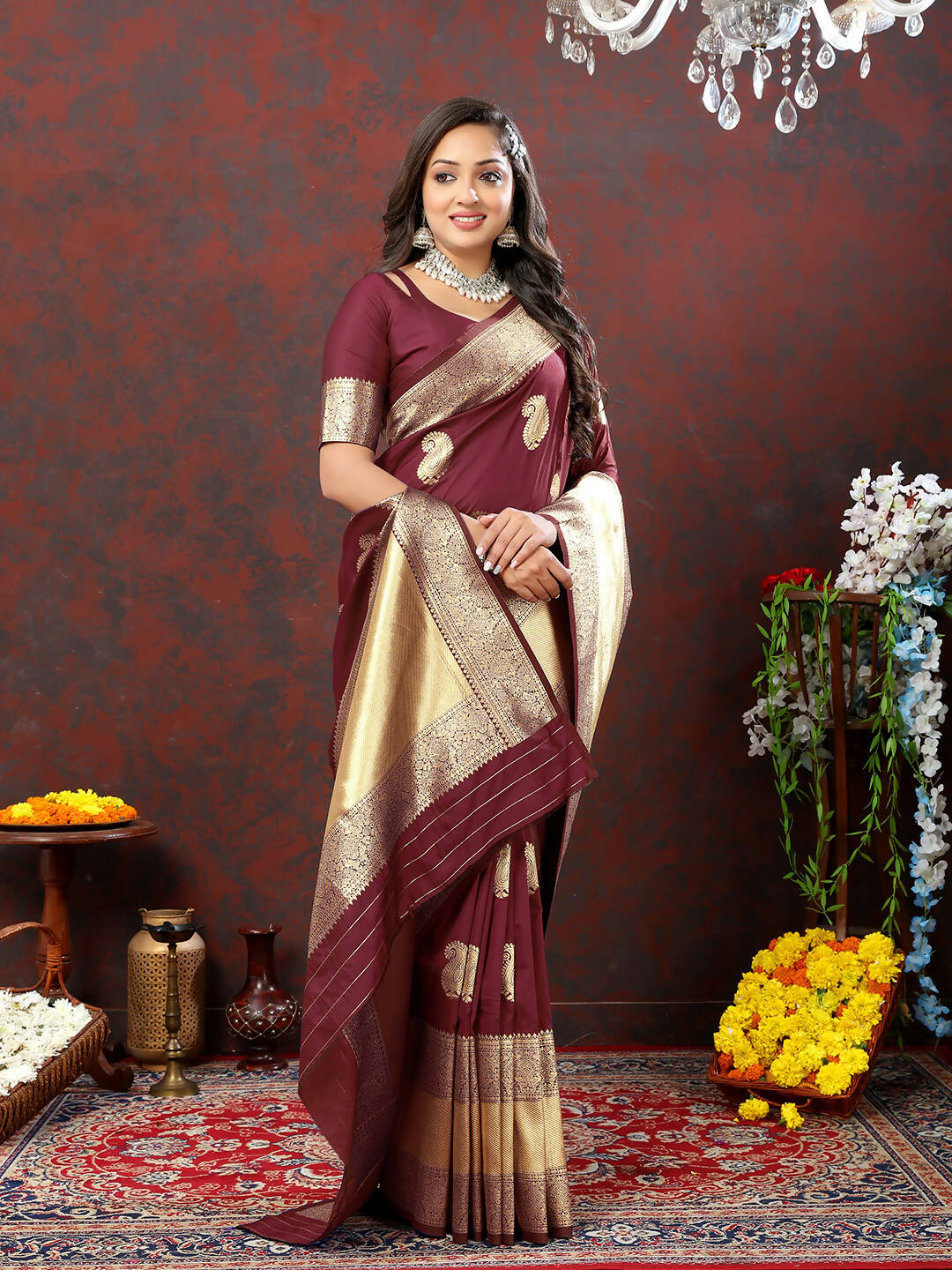 Lorenvalley Fashion Maroon Soft Silk Woven Design Gold Zari Weaving Saree | Grocsy