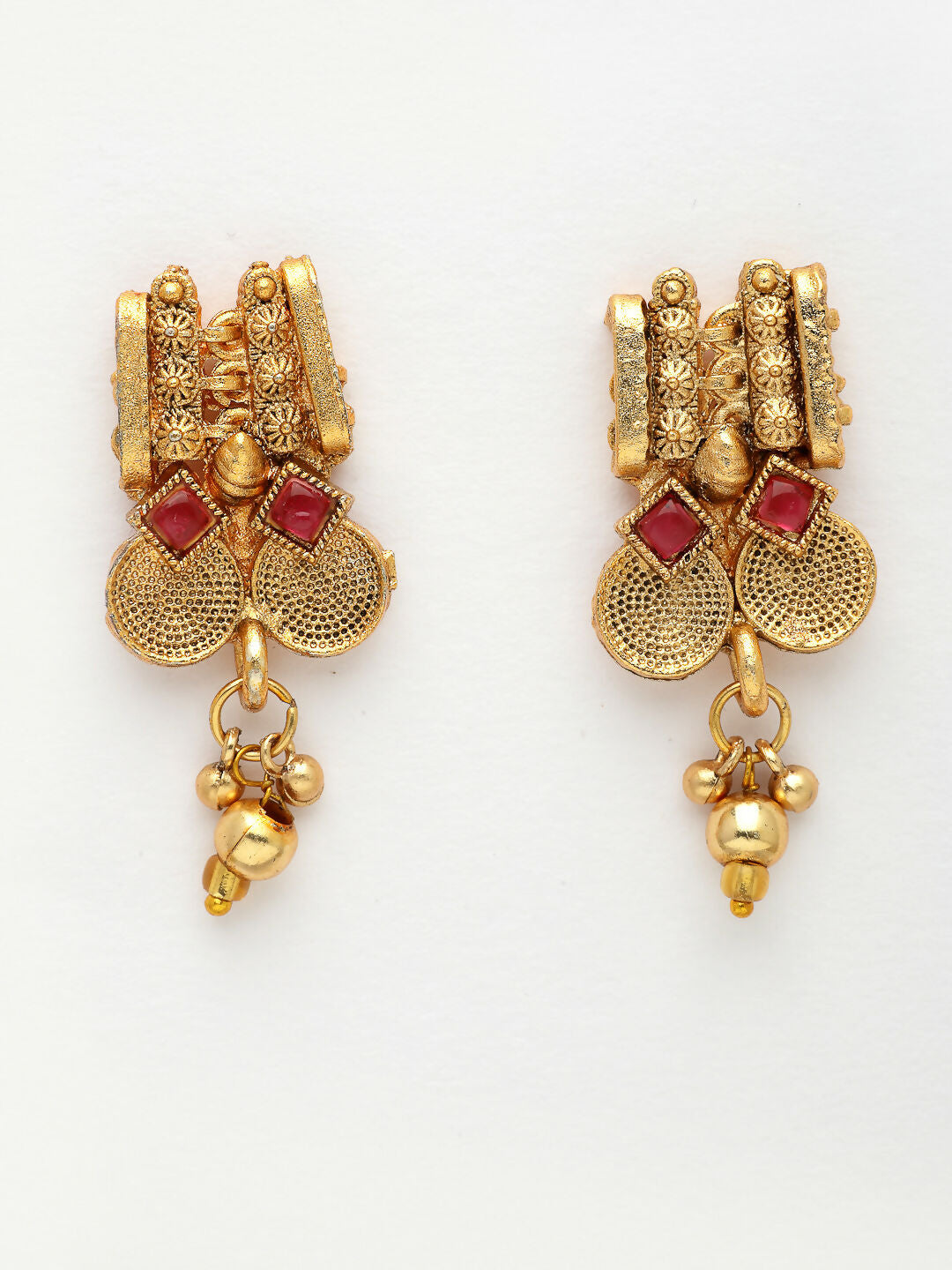 NVR Women Gold-Polished Pink Stone Studded Handcrafted Temple Jewellery Set | Grocsy