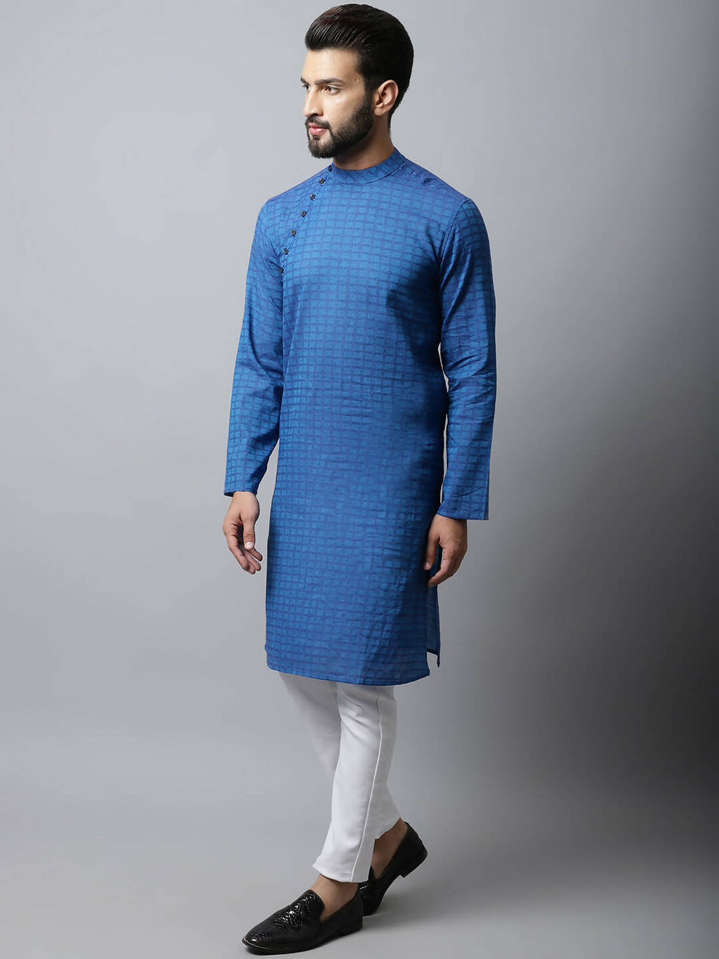 Even Apparels Blue Color Pure Cotton Men's Kurta With Band Collar (CHK1198) | Grocsy
