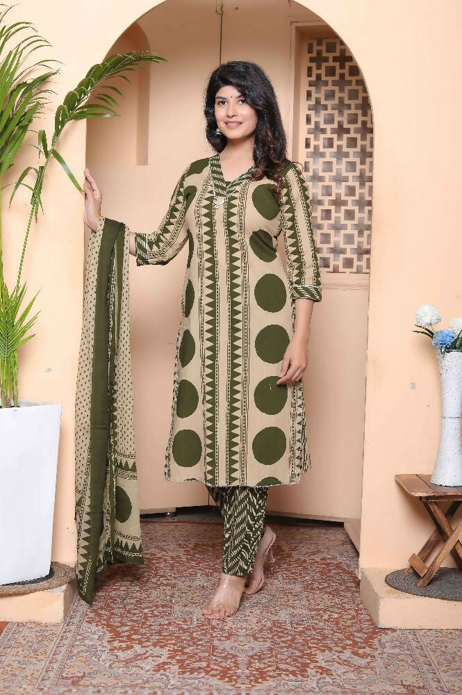 Miravan Womens Polka Dot Printed V-Neck Kurta With Palazzo And Dupatta Set | Grocsy