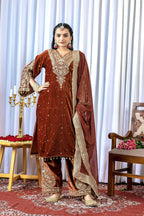 Joban Fashion Rust Brown Velvet Embroidery Kurta Set | Grocsy