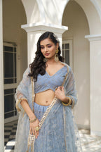 Eilara Light Blue Net Threadwork Lehenga | Grocsy