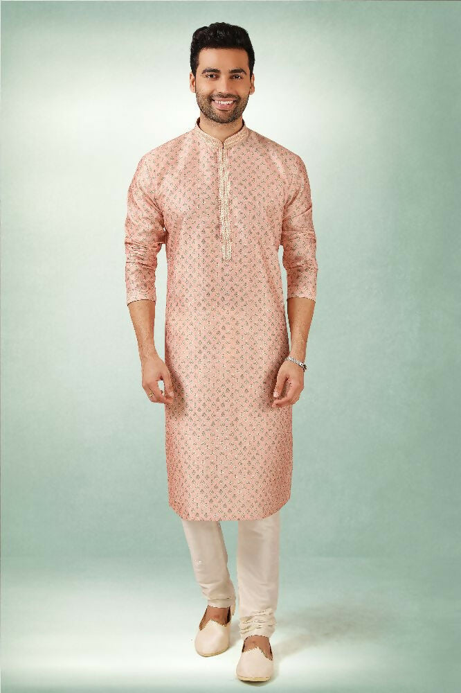 Raivat Ethnic Art Silk Printed Work Kurta Pajama In Pink Colour | Grocsy