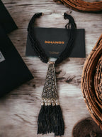 Inhanns Day-To-Dinner Tie Shaped Oxidized Black Metal Multi-Layered Long Only Necklace - Black | Grocsy