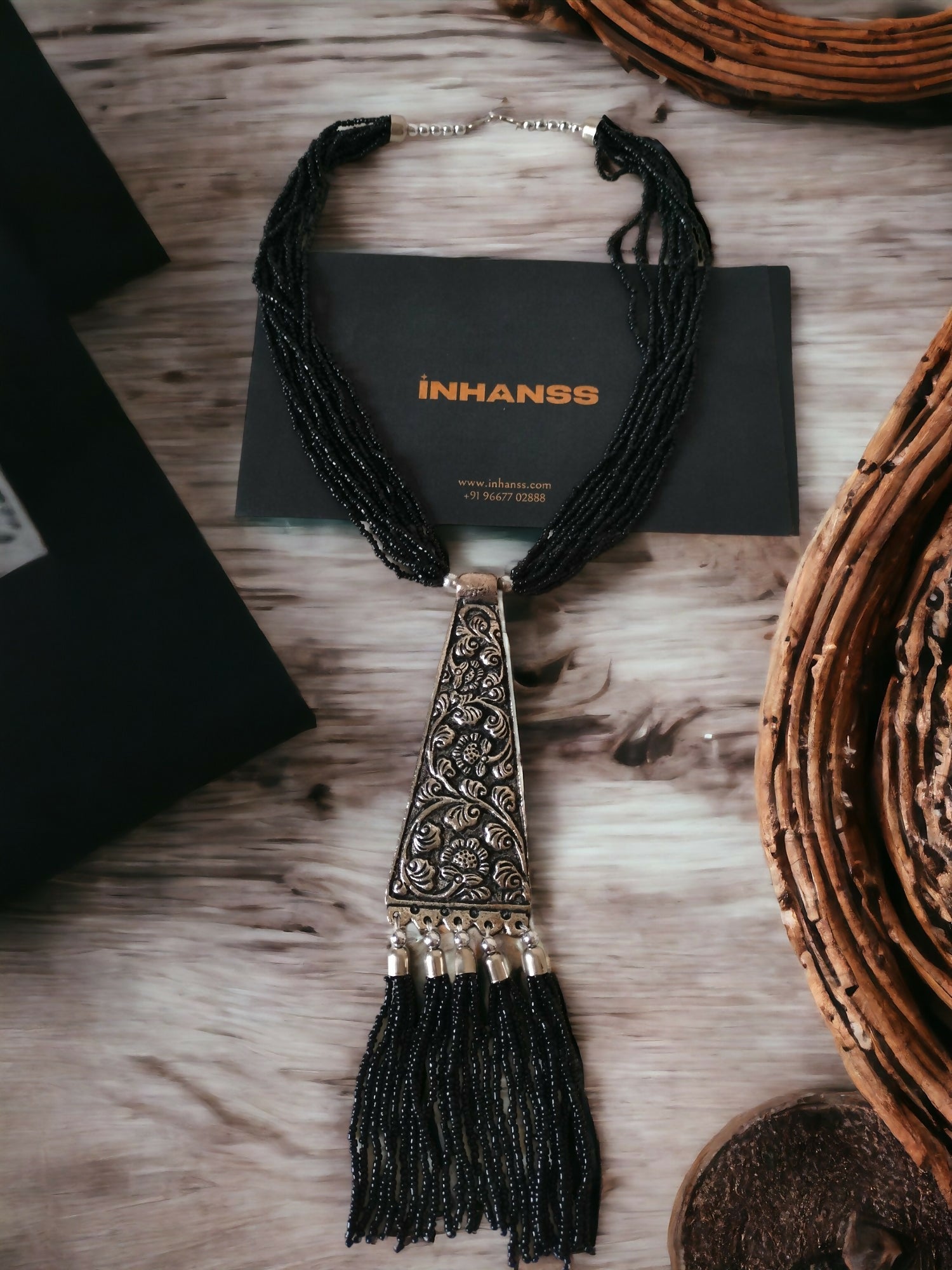 Inhanns Day-To-Dinner Tie Shaped Oxidized Black Metal Multi-Layered Long Only Necklace - Black | Grocsy