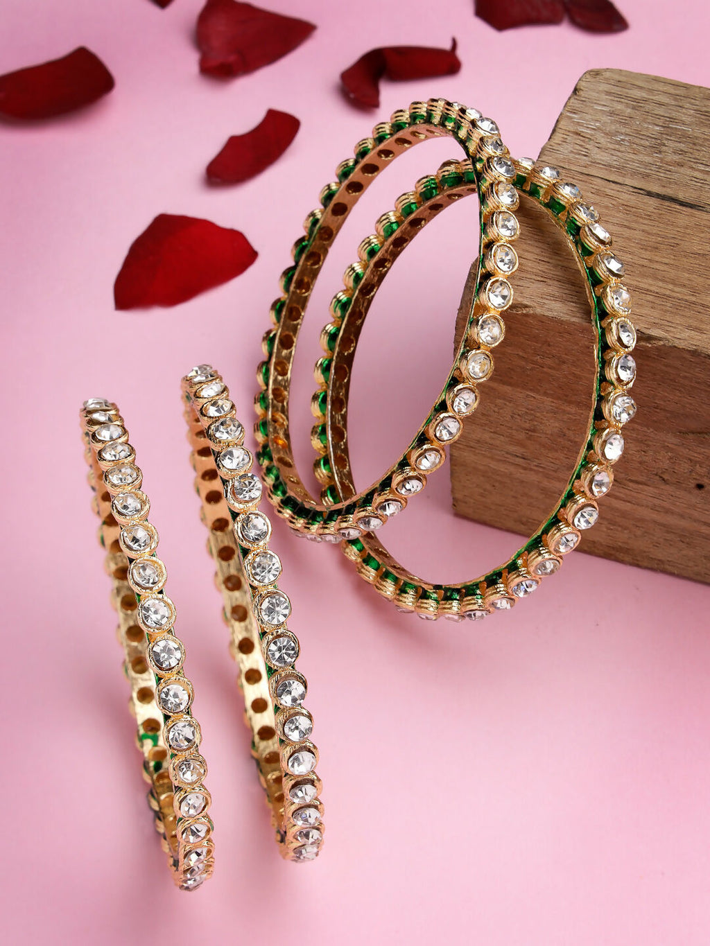NVR Women's Set Of 4 Gold-Polished Kundan-Studded Traditional Bangles | Grocsy